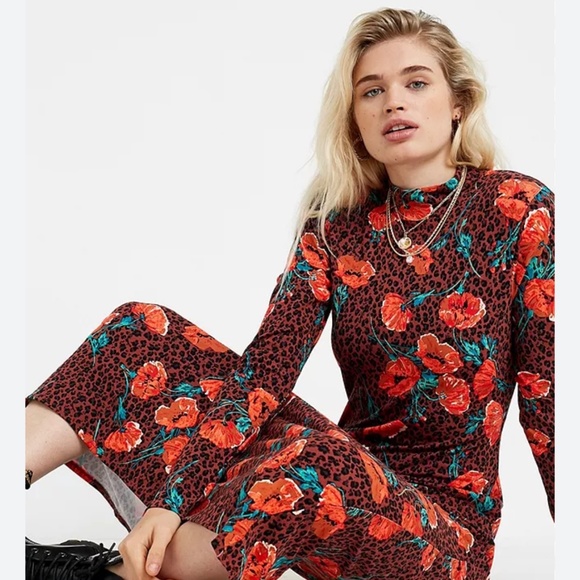Free People Dresses & Skirts - Free People Red Floral & Black Leopard Midi Dress with Teal Accents